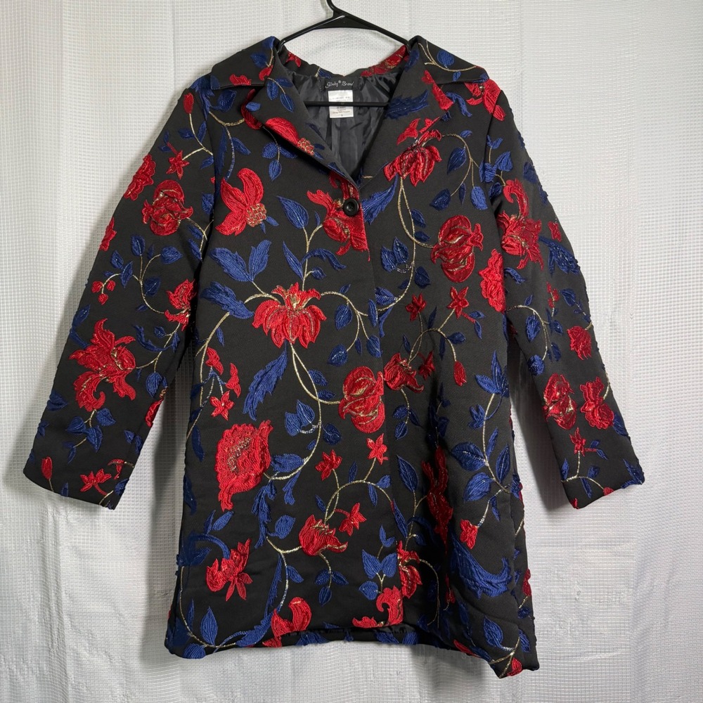 Slinky Brand Floral Jacquard Coat Metallic Embroidery Button Front Longline S